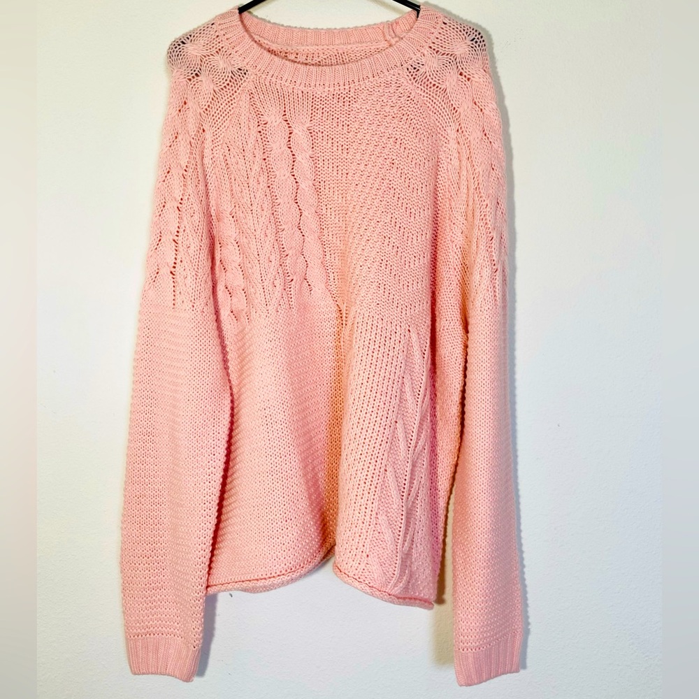 Nwt Oversized Pink Sweater Woven Cable Knit Pullover Loose Fit Plus Size Sweater